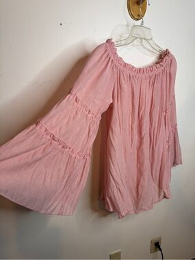 Pink Off-Shoulder Bell Sleeve Tunic